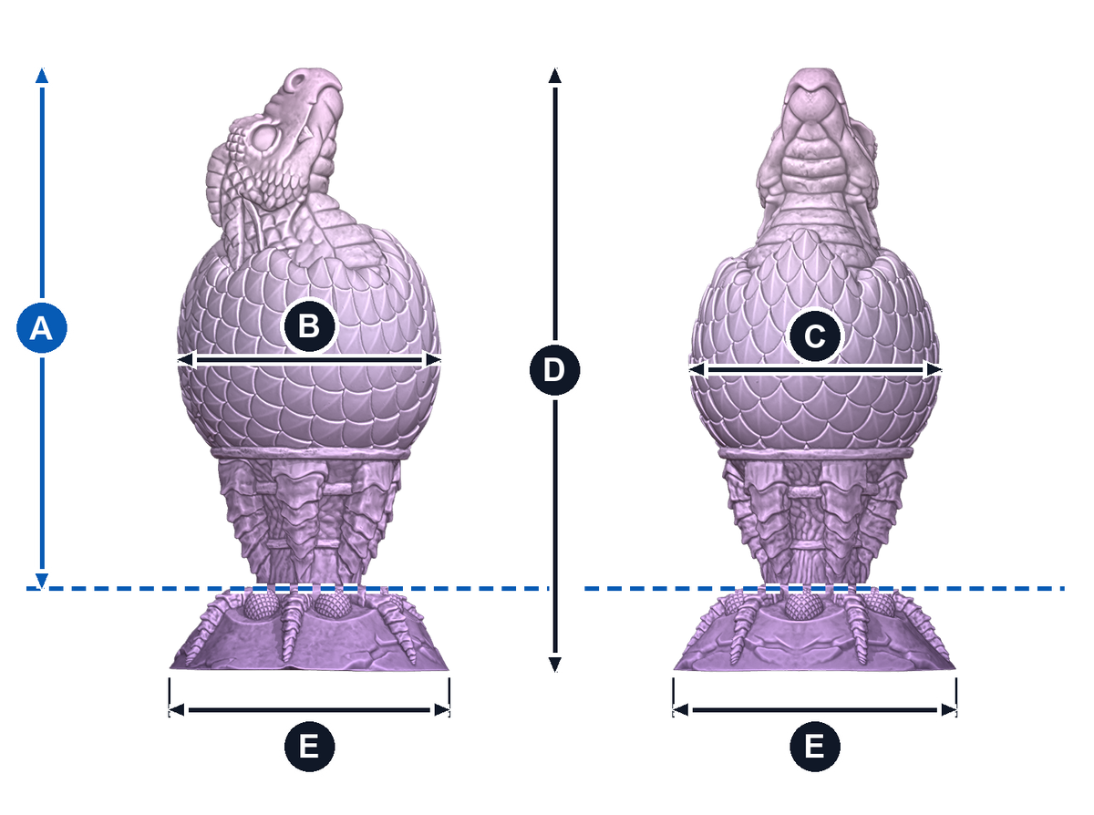 Huevo del Fuego · A: longitud insertable desde la línea azul; B: ancho de frente; C: grosor de perfil; D: altura total; E: base, ancho y fondo. Esquema ilustrativo de talla grande; valores en la tabla de cada talla.