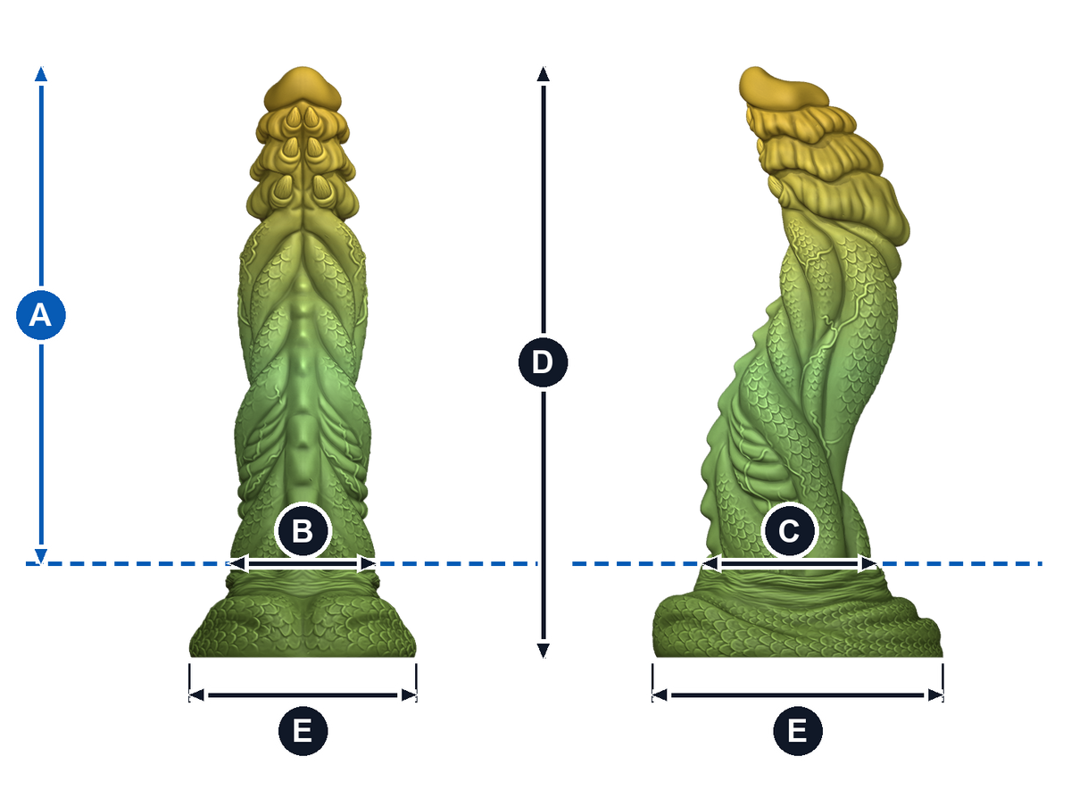 Naga · A: longitud insertable desde la línea azul; B: ancho de frente; C: grosor de perfil; D: altura total; E: base, ancho y fondo. Esquema ilustrativo de talla grande; valores en la tabla de cada talla.