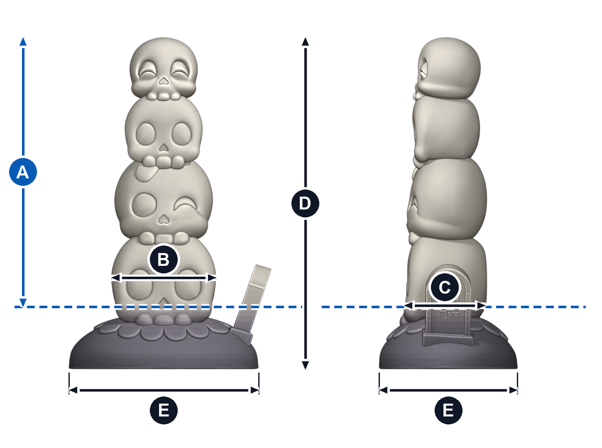 Torrealmas · A: longitud insertable desde la línea azul; B: ancho de frente; C: grosor de perfil; D: altura total; E: base, ancho y fondo. Esquema ilustrativo de talla grande; valores en la tabla de cada talla.