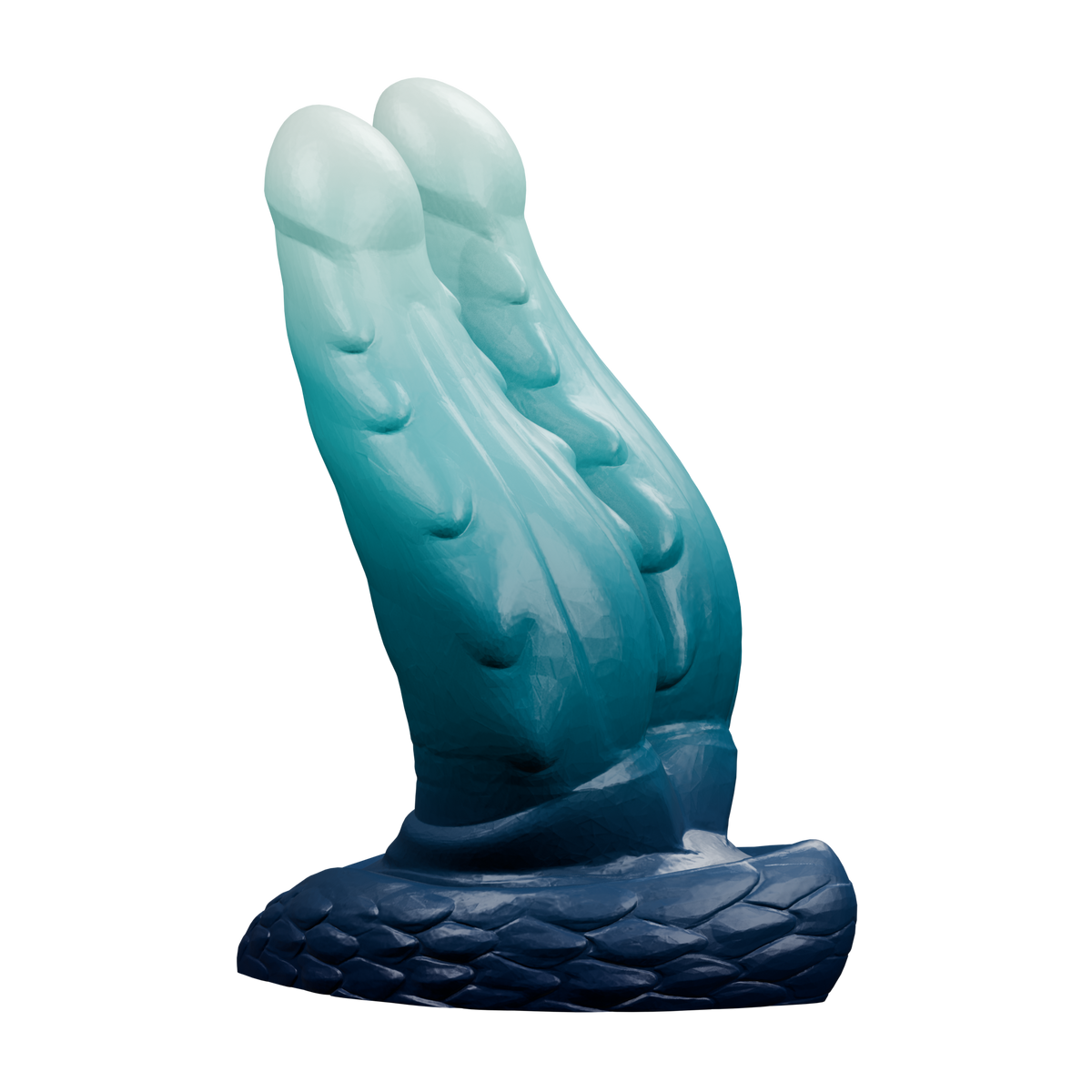 Wyrm Hemis · vista de tres cuartos. Render del modelo original sin fondo, ejemplo de degradado azul noche, turquesa y verde agua claro.