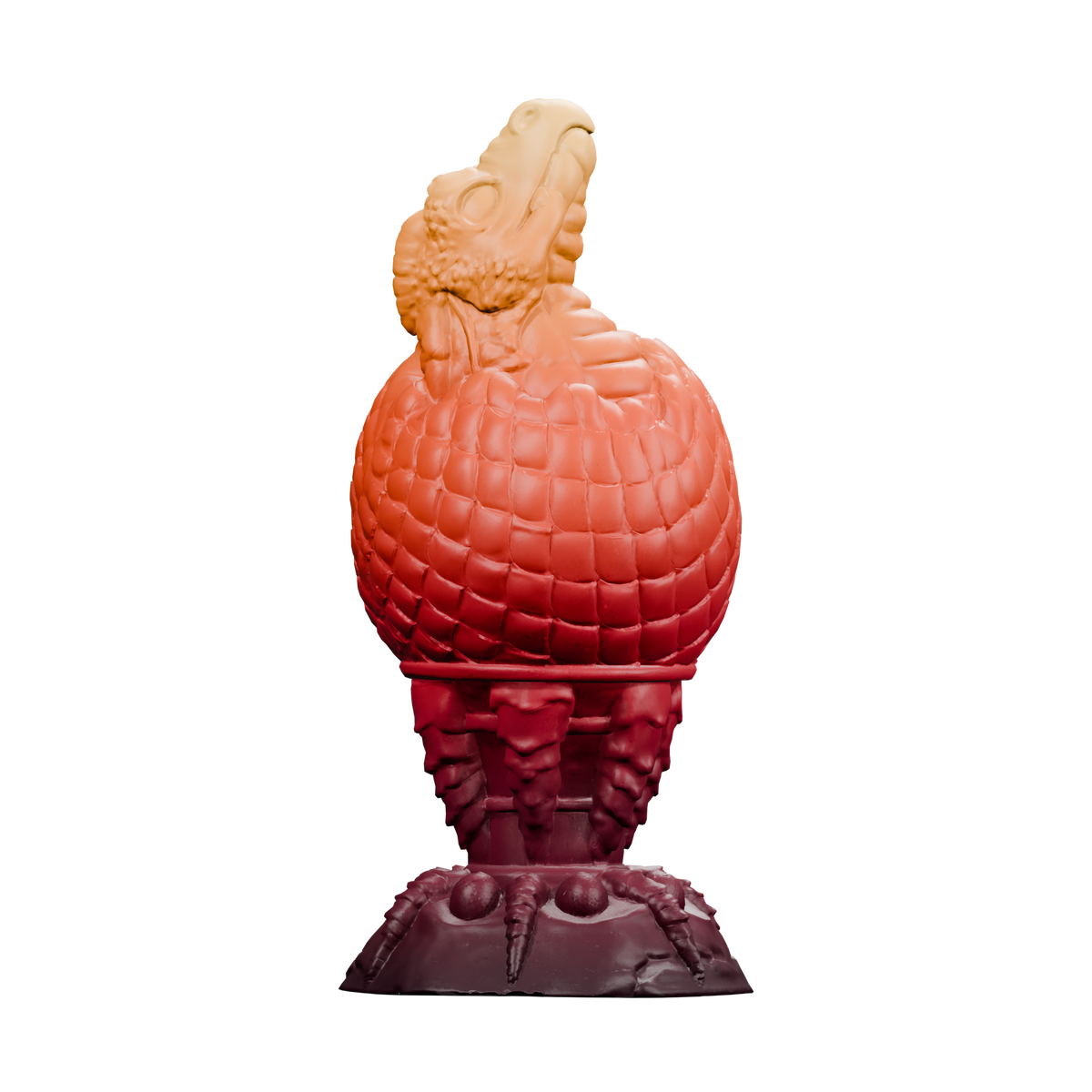 Huevo del Fuego · vista frontal. Render del modelo original sin fondo, ejemplo de degradado burdeos, rojo, naranja y ámbar.