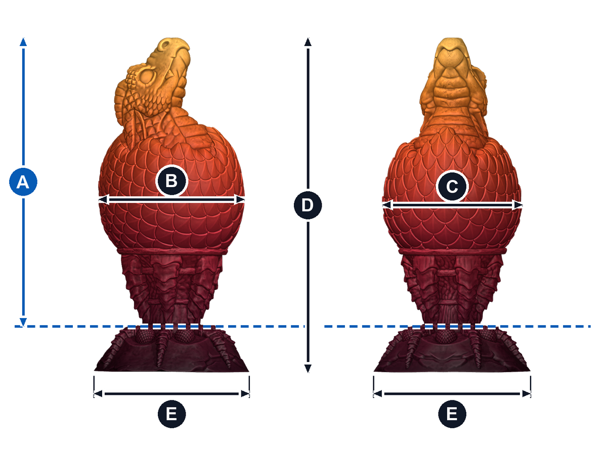 Huevo del Fuego · A: longitud insertable desde la línea azul; B: ancho de frente; C: grosor de perfil; D: altura total; E: base, ancho y fondo. Esquema ilustrativo de talla grande; valores en la tabla de cada talla.