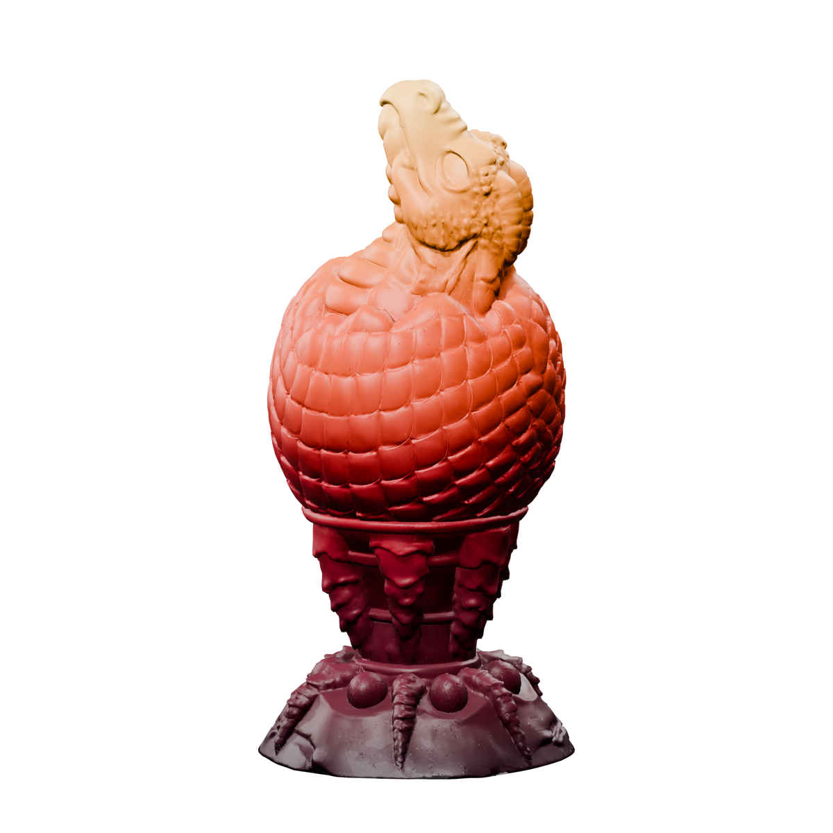 Huevo del Fuego · vista posterior. Render del modelo original sin fondo, ejemplo de degradado burdeos, rojo, naranja y ámbar.