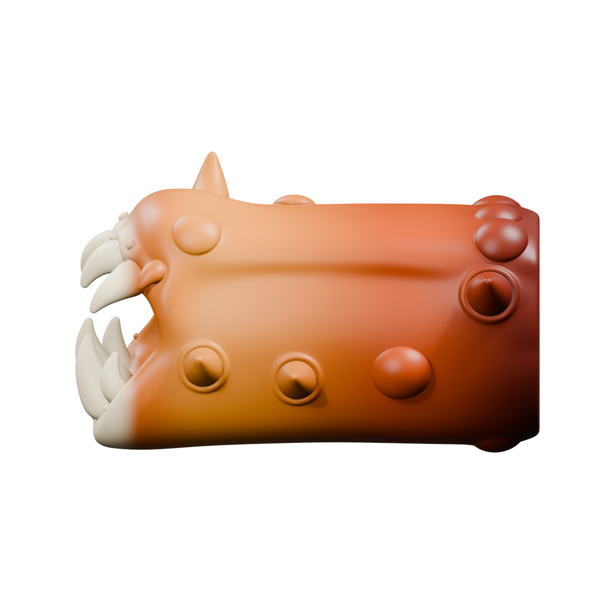 Pandemonio Mini · Vista lateral del cuerpo con púas y protuberancias · ámbar y marfil. Render del modelo.