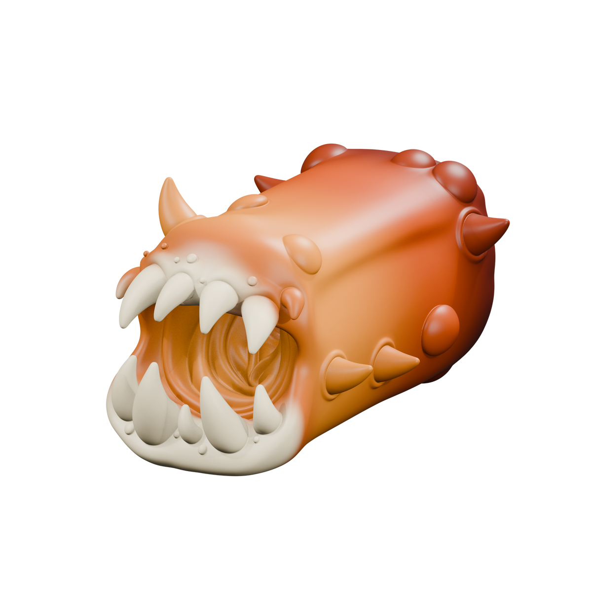 Pandemonio Mini, masturbador de fantasía con boca dentada, vista en ángulo en tonos ámbar y marfil. Render del modelo.