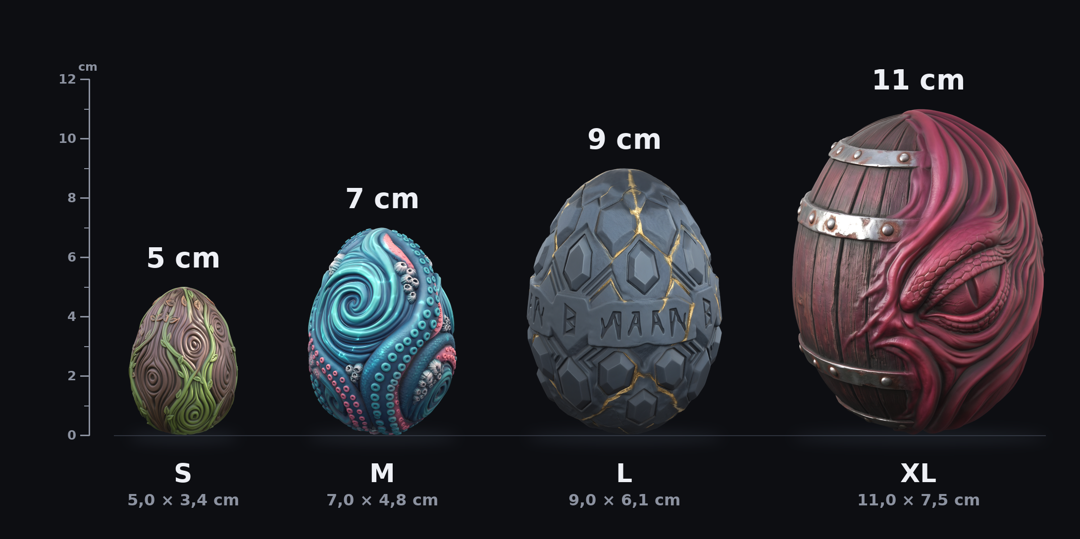 Comparativa de tallas de los Huevos Kegel de fantasía ClimaxLab: S 5 cm, M 7 cm, L 9 cm, XL 11 cm (silicona platino)