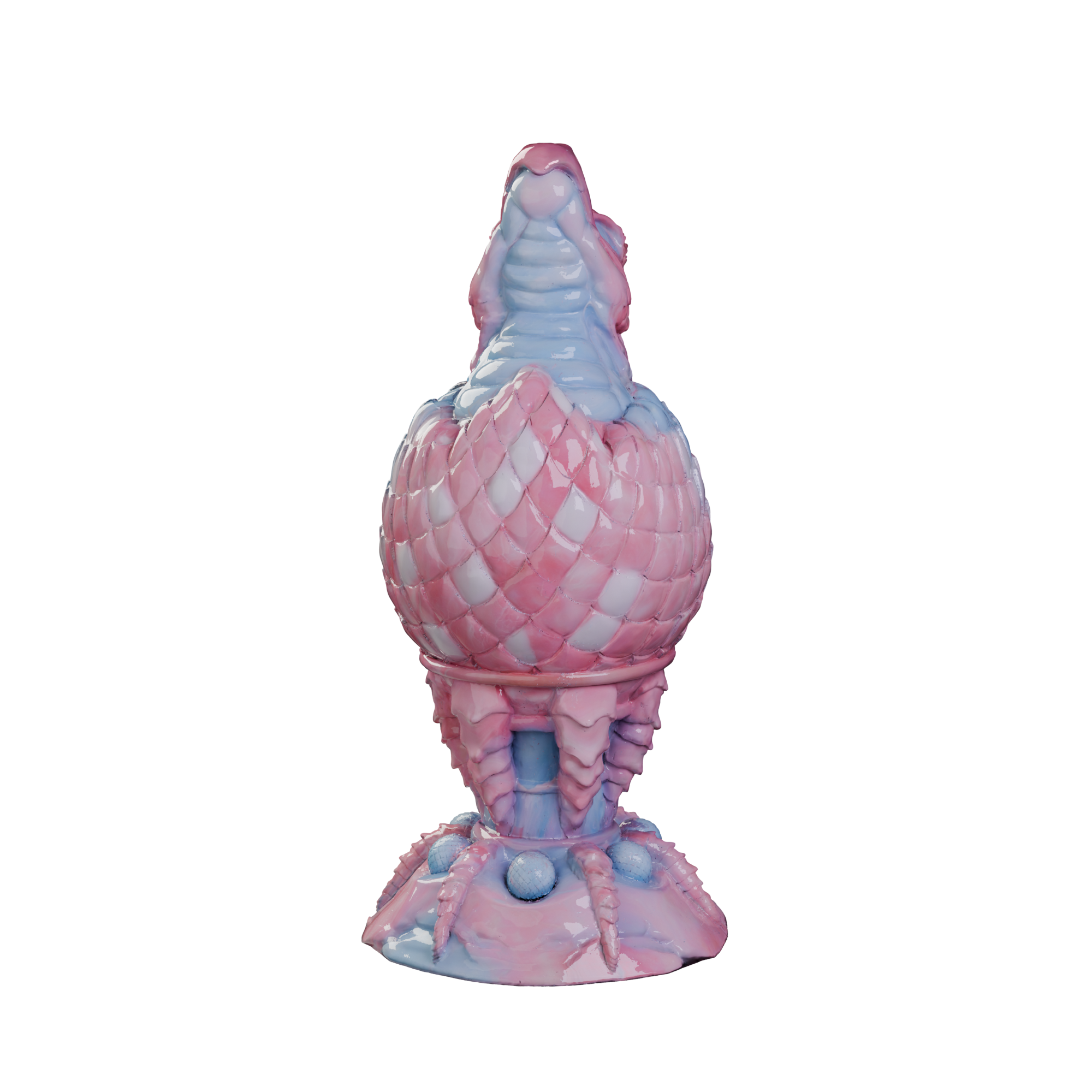 Huevo del Fuego dragon egg plug with hatching head and claw base, side profile — platinum silicone by ClimaxLab.