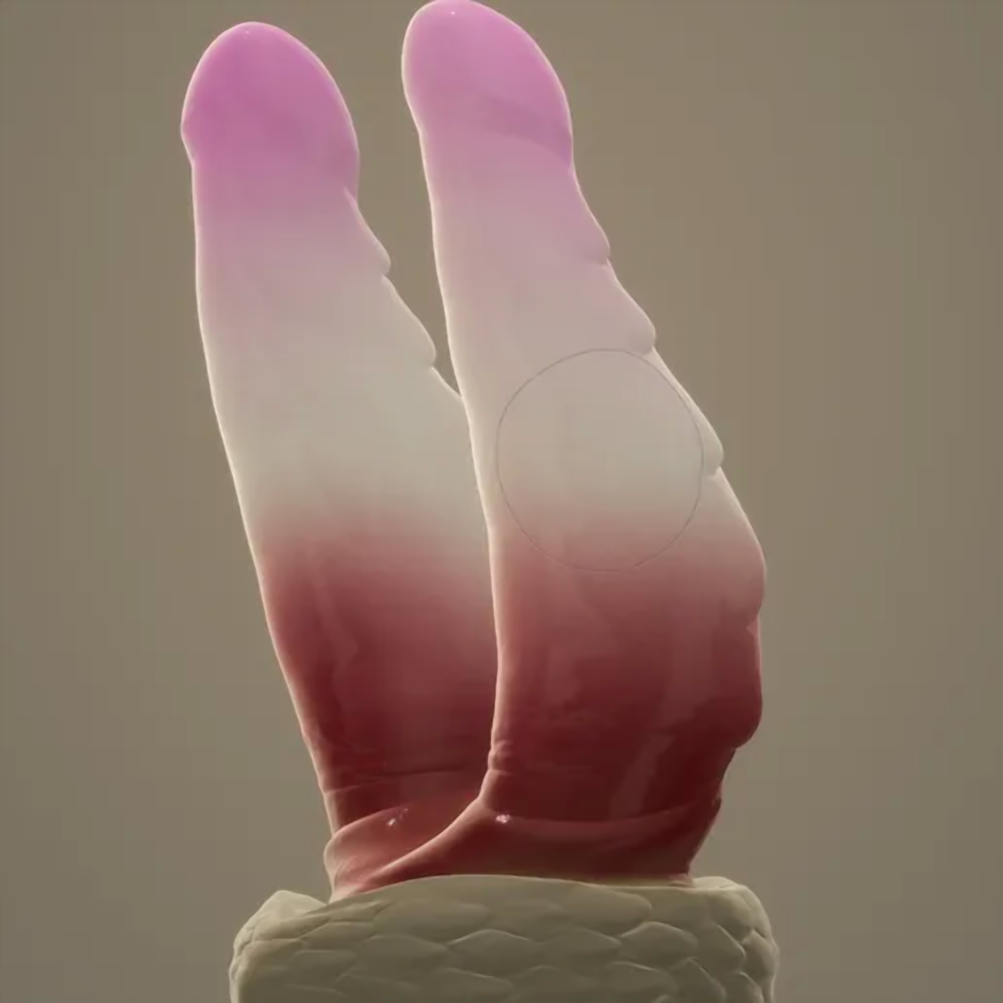 Wyrm Hemis twin dragon dildo, close-up of the soft textured shafts — platinum silicone, ClimaxLab.