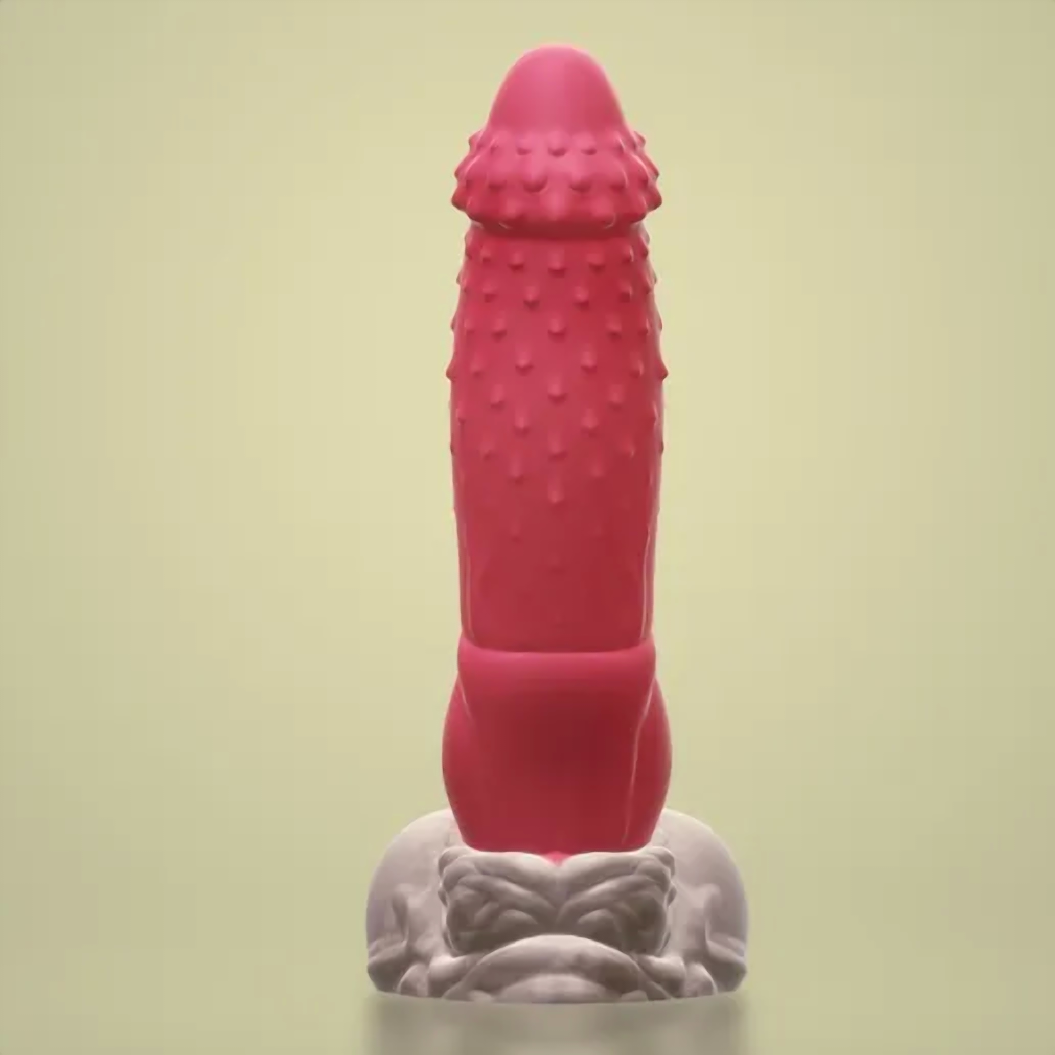 Kaelis fantasy furry dildo, front view — spiked platinum silicone shaft, by ClimaxLab.