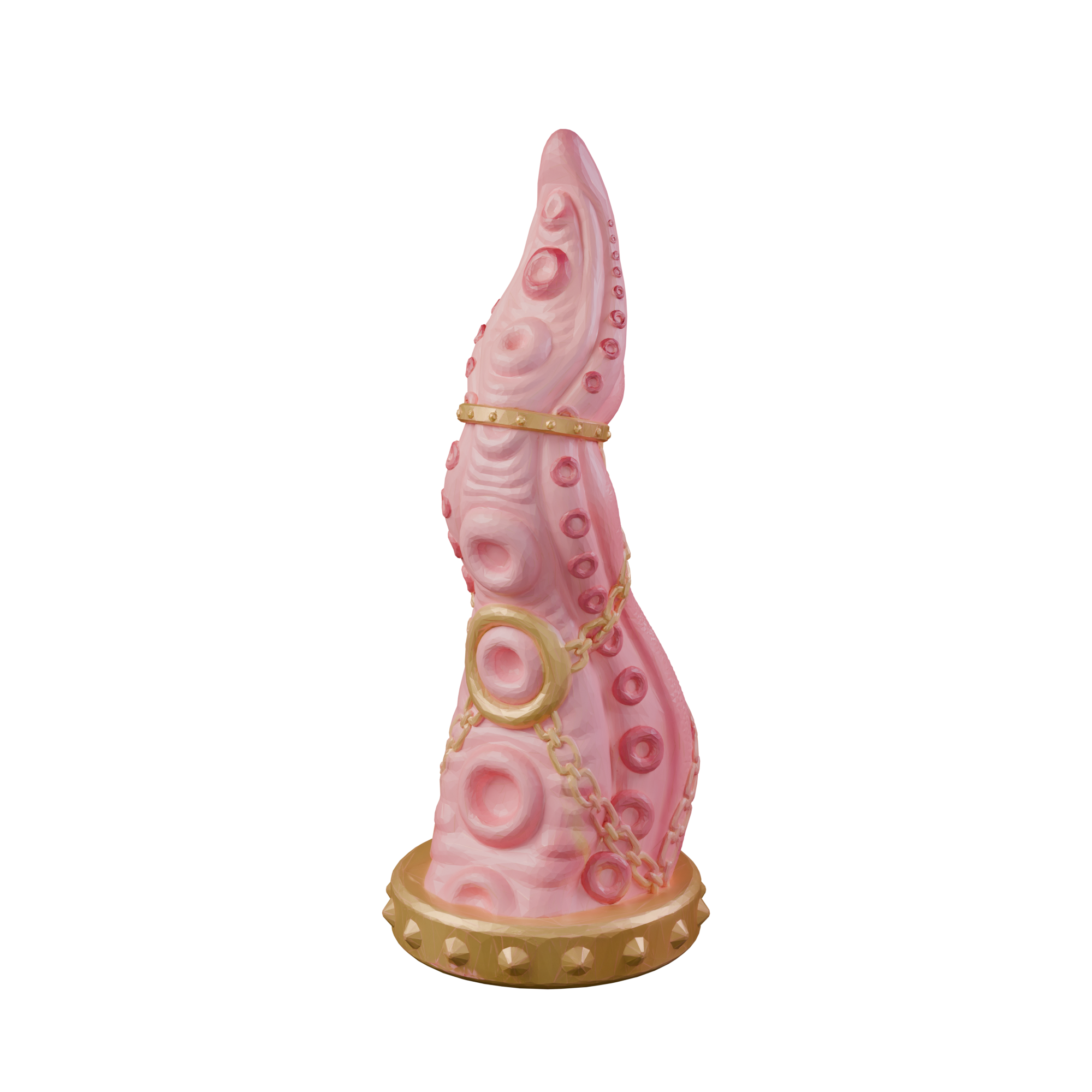 Leviatan Tentacle Dildo covered in suction cups with golden chains and studded base. Platinum Silicone by ClimaxLab.