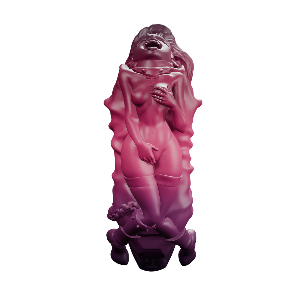 Lilith · vista frontal de la figura y relieves del ataúd · tonos ciruela y rubí. Render del modelo, sin fondo.