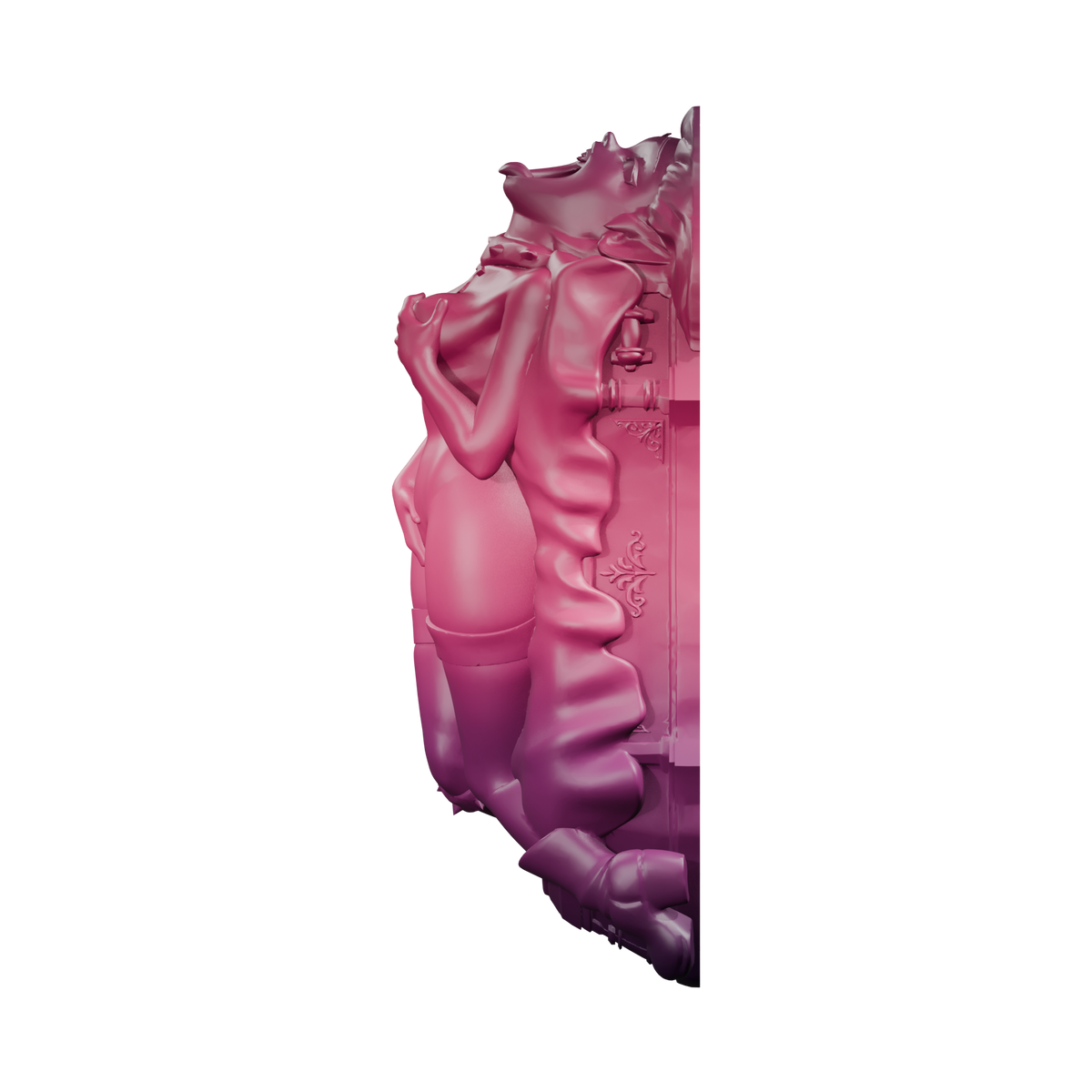 Lilith · vista de perfil de la figura arqueada y el ataúd · tonos ciruela y rubí. Render del modelo, sin fondo.