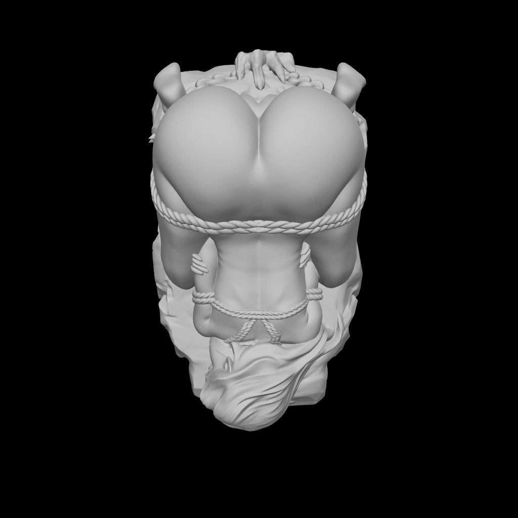 Cautiva fantasy masturbator by ClimaxLab. Shibari bondage scene of a bound female figure on a rocky base with a sculpted goblin claw, featuring a textured vaginal channel. Handcrafted platinum silicone, made in Spain.