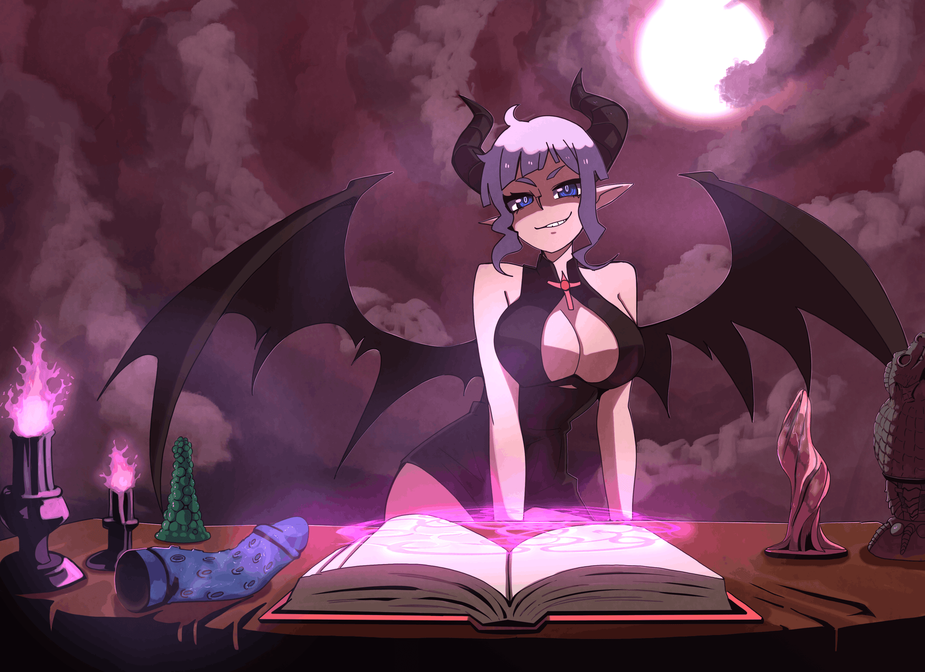 Shop premium fantasy adult toys. Explore our unique collection of dildos in multiple sizes and colors, plus exclusive suction cup models. Step into the magic!
Digital illustration by notgeerux featuring an anime-style succubus with horns and bat wings, smirking over an open grimoire that emits a magical pink light. On the wooden table, there are candles with purple flames and a selection of fantasy dildos in various sizes, colors, and textures. In the background, a dark cloudy sky and a bright full moon.