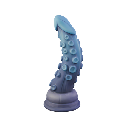 El Primer Hijo del Abismo tentacle dildo covered in suction cups, three-quarter view — platinum silicone fantasy toy handmade in Spain by ClimaxLab.