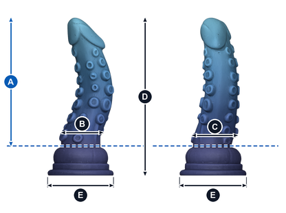 El primer hijo del abismo · A: longitud insertable desde la línea azul; B: ancho de frente; C: grosor de perfil; D: altura total; E: base, ancho y fondo. Esquema ilustrativo de talla grande; valores en la tabla de cada talla.
