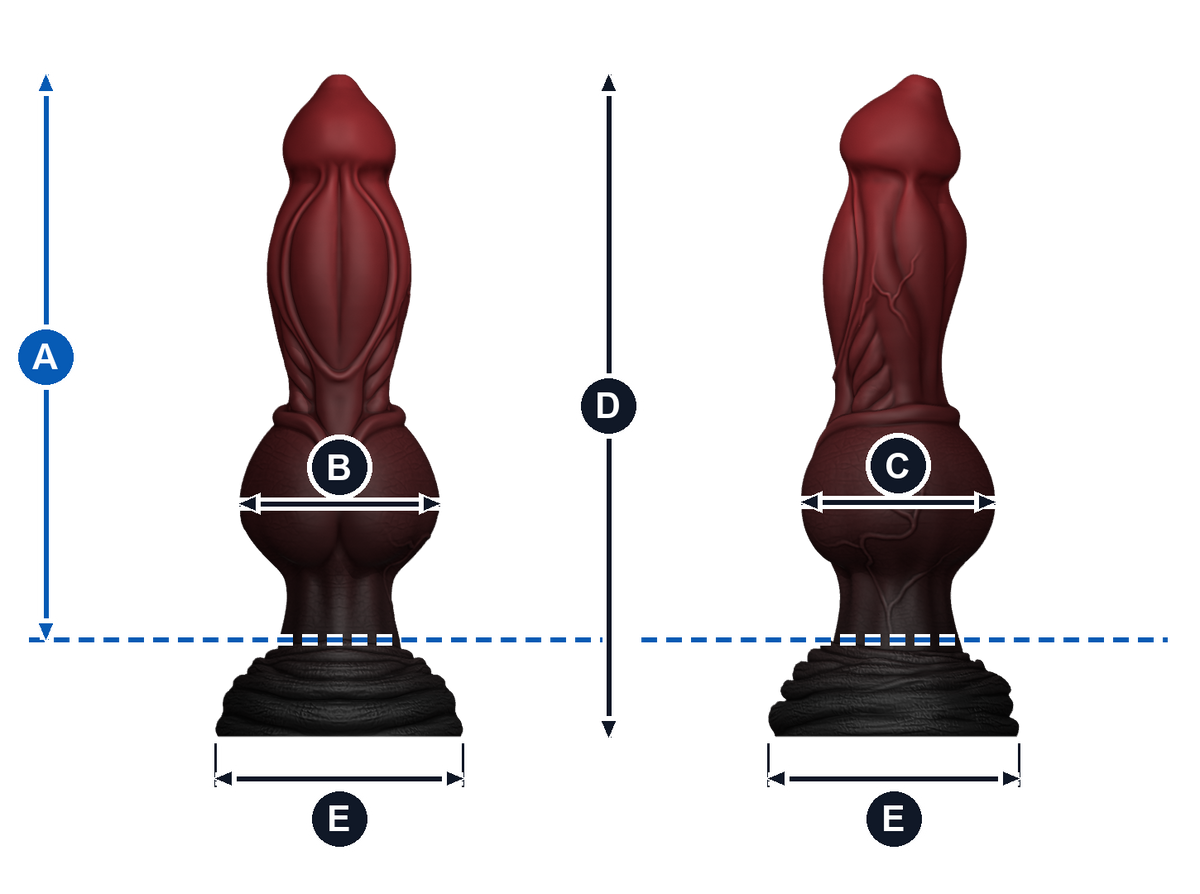 Fenrir · A: longitud insertable desde la línea azul; B: ancho de frente; C: grosor de perfil; D: altura total; E: base, ancho y fondo. Esquema ilustrativo de talla grande; valores en la tabla de cada talla.