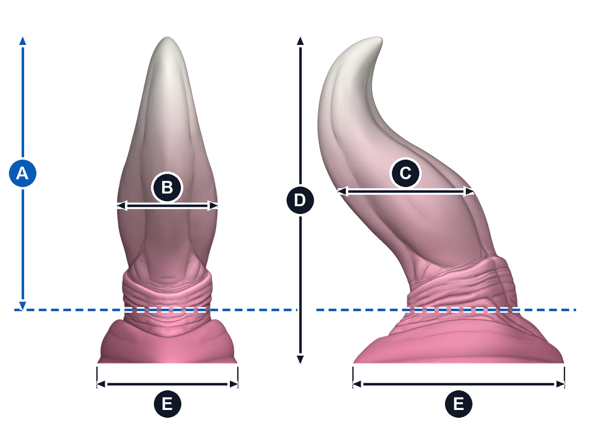 Findex · A: longitud insertable desde la línea azul; B: ancho de frente; C: grosor de perfil; D: altura total; E: base, ancho y fondo. Esquema ilustrativo de talla grande; valores en la tabla de cada talla.