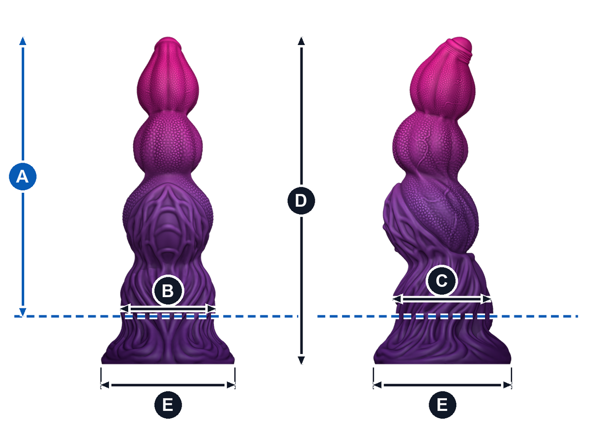 Génesis · A: longitud insertable desde la línea azul; B: ancho de frente; C: grosor de perfil; D: altura total; E: base, ancho y fondo. Esquema ilustrativo de talla grande; valores en la tabla de cada talla.