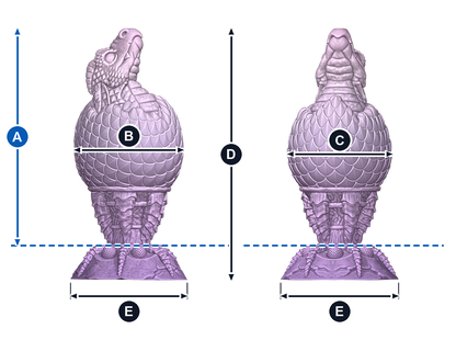 Huevo del Fuego · A: longitud insertable desde la línea azul; B: ancho de frente; C: grosor de perfil; D: altura total; E: base, ancho y fondo. Esquema ilustrativo de talla grande; valores en la tabla de cada talla.