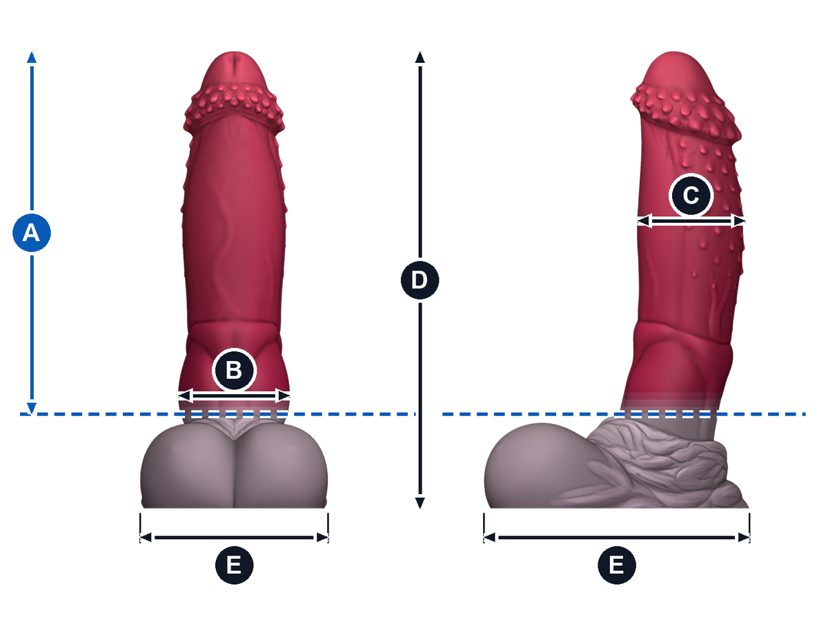 Kaelis · A: longitud insertable desde la línea azul; B: ancho de frente; C: grosor de perfil; D: altura total; E: base, ancho y fondo. Esquema ilustrativo de talla grande; valores en la tabla de cada talla.