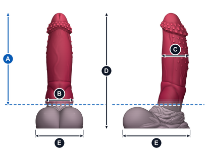Kaelis · A: longitud insertable desde la línea azul; B: ancho de frente; C: grosor de perfil; D: altura total; E: base, ancho y fondo. Esquema ilustrativo de talla grande; valores en la tabla de cada talla.