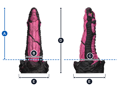 Madre de Dragones · A: longitud insertable desde la línea azul; B: ancho de frente; C: grosor de perfil; D: altura total; E: base, ancho y fondo. Esquema ilustrativo de talla grande; valores en la tabla de cada talla.