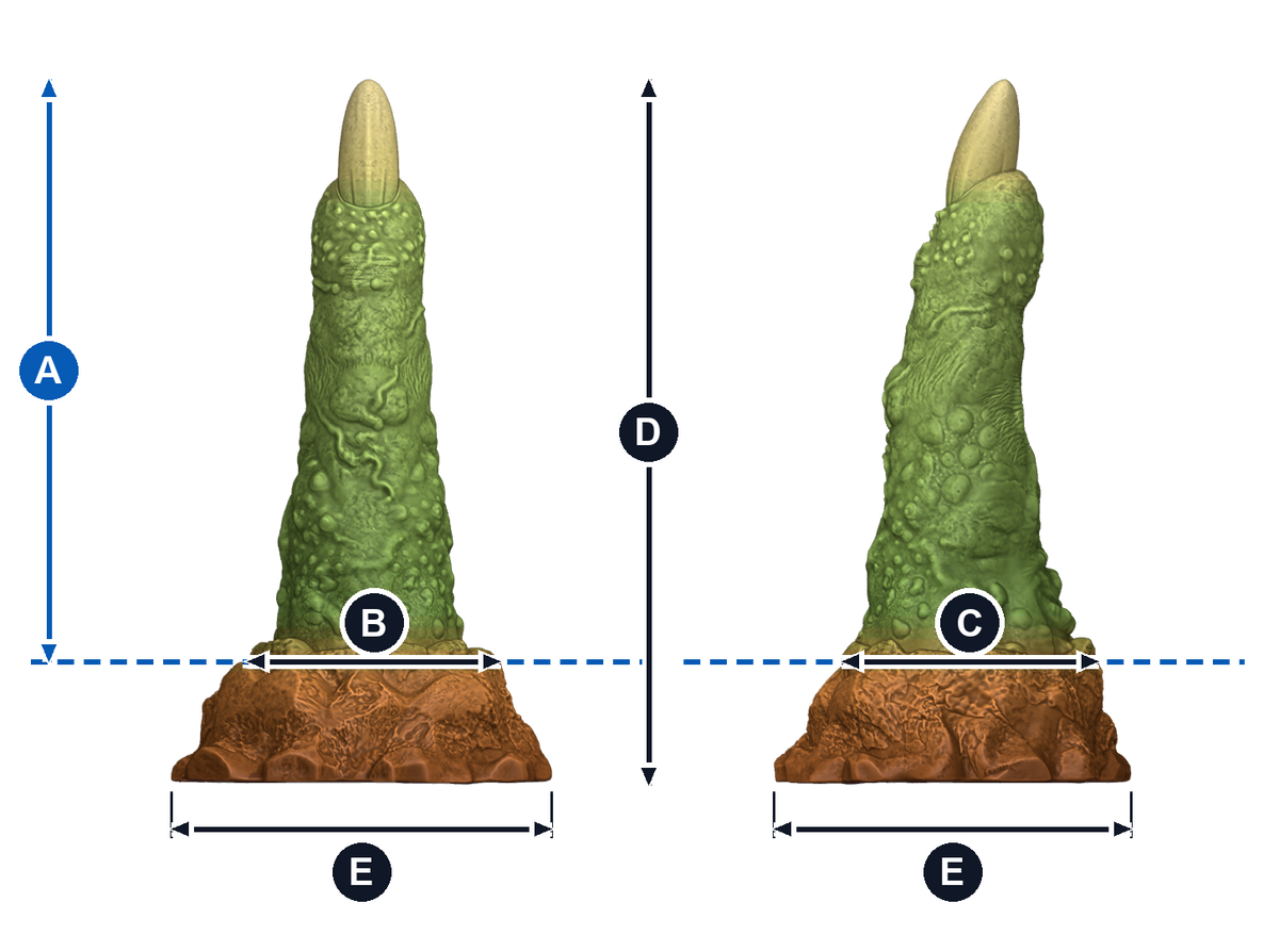MORVA · A: longitud insertable desde la línea azul; B: ancho de frente; C: grosor de perfil; D: altura total; E: base, ancho y fondo. Esquema ilustrativo de talla grande; valores en la tabla de cada talla.