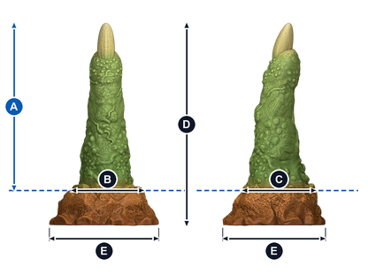 MORVA · A: longitud insertable desde la línea azul; B: ancho de frente; C: grosor de perfil; D: altura total; E: base, ancho y fondo. Esquema ilustrativo de talla grande; valores en la tabla de cada talla.