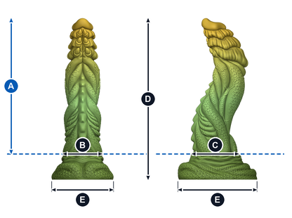 Naga · A: longitud insertable desde la línea azul; B: ancho de frente; C: grosor de perfil; D: altura total; E: base, ancho y fondo. Esquema ilustrativo de talla grande; valores en la tabla de cada talla.
