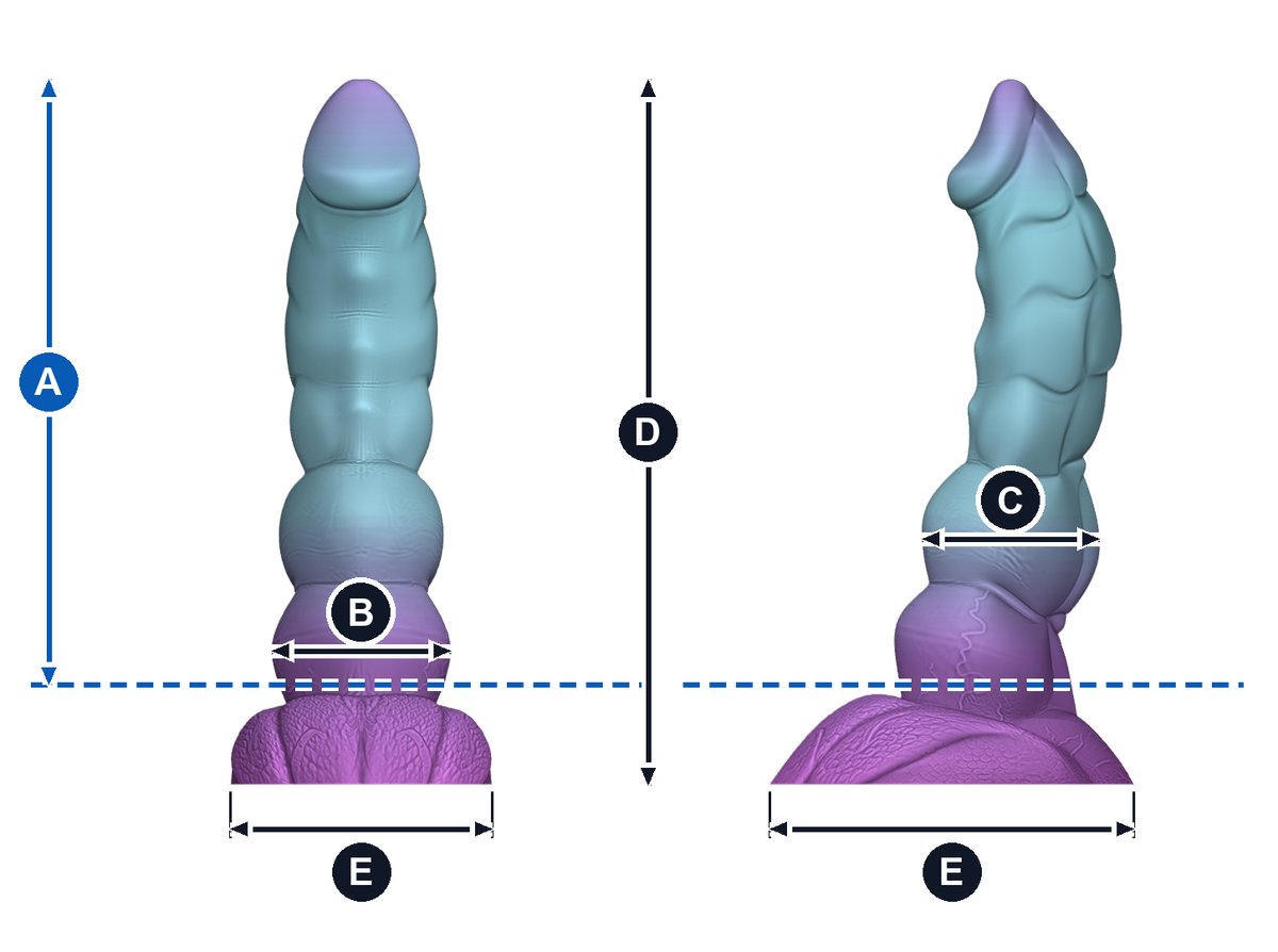 Splurt · A: longitud insertable desde la línea azul; B: ancho de frente; C: grosor de perfil; D: altura total; E: base, ancho y fondo. Esquema ilustrativo de talla grande; valores en la tabla de cada talla.