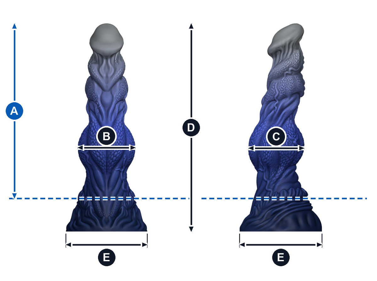 Titán · A: longitud insertable desde la línea azul; B: ancho de frente; C: grosor de perfil; D: altura total; E: base, ancho y fondo. Esquema ilustrativo de talla grande; valores en la tabla de cada talla.