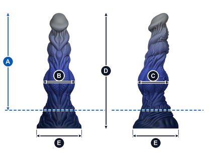 Titán · A: longitud insertable desde la línea azul; B: ancho de frente; C: grosor de perfil; D: altura total; E: base, ancho y fondo. Esquema ilustrativo de talla grande; valores en la tabla de cada talla.