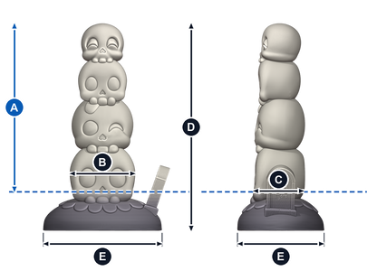 Torrealmas · A: longitud insertable desde la línea azul; B: ancho de frente; C: grosor de perfil; D: altura total; E: base, ancho y fondo. Esquema ilustrativo de talla grande; valores en la tabla de cada talla.