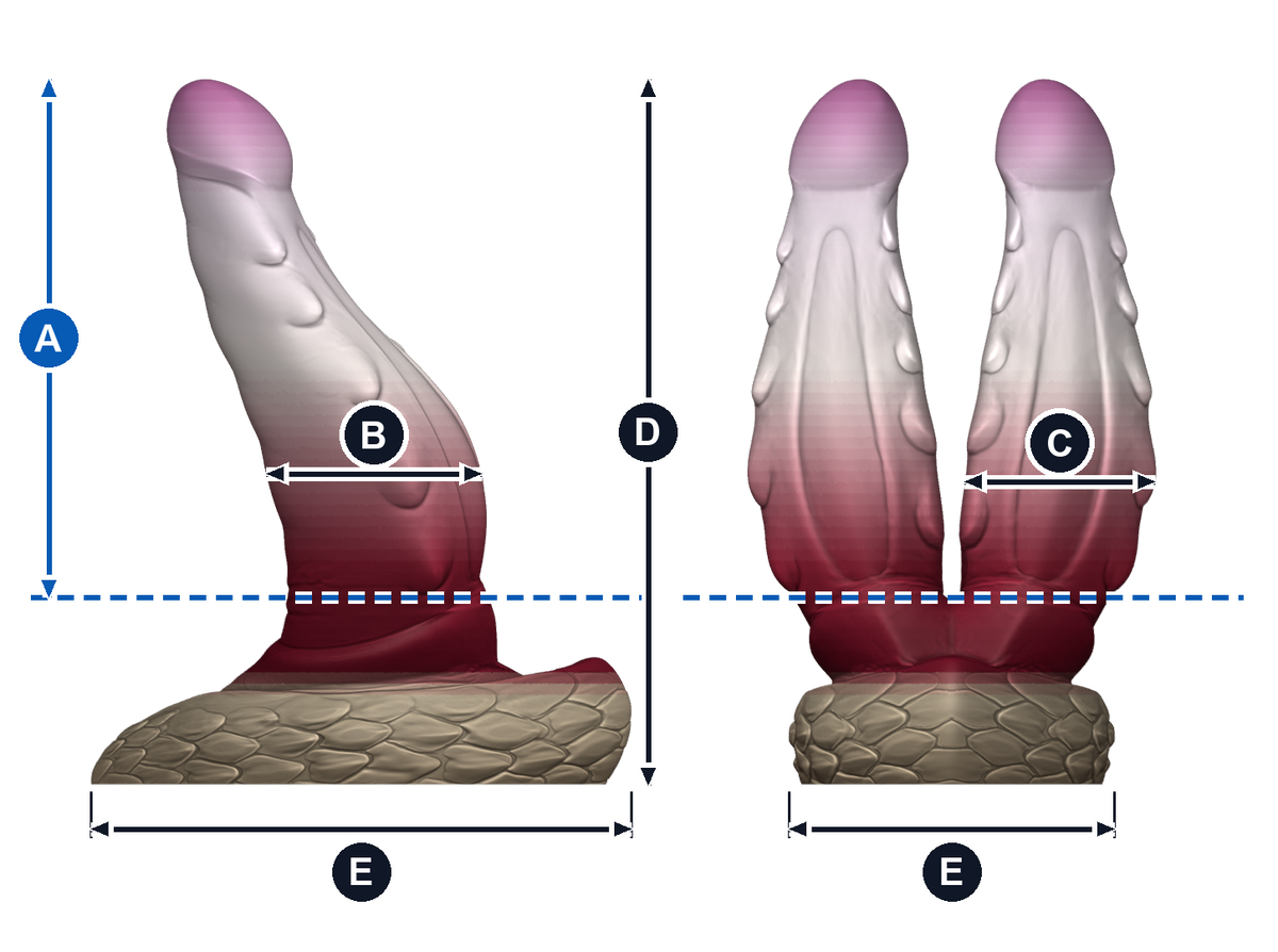 Wyrm Hemis · A/B/C: cada asta; D/E: pieza completa. A · longitud insertable desde la línea azul; B · ancho de frente; C · grosor de perfil; D · altura total; E · base: ancho y fondo. Esquema ilustrativo de talla grande; valores en la tabla de cada talla.