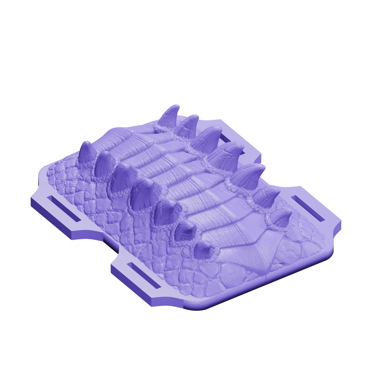 Emperatriz Dragona · detalle en ángulo de las escamas, la cresta y las ranuras para correas. Render violeta, fondo transparente.