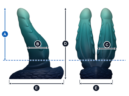 Wyrm Hemis · A/B/C: cada asta; D/E: pieza completa. A · longitud insertable desde la línea azul; B · ancho de frente; C · grosor de perfil; D · altura total; E · base: ancho y fondo. Esquema ilustrativo de talla grande; valores en la tabla de cada talla.