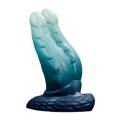 Wyrm Hemis · vista de tres cuartos. Render del modelo original sin fondo, ejemplo de degradado azul noche, turquesa y verde agua claro.