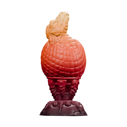 Huevo del Fuego · vista frontal. Render del modelo original sin fondo, ejemplo de degradado burdeos, rojo, naranja y ámbar.
