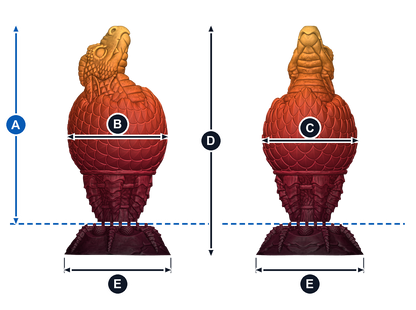 Huevo del Fuego · A: longitud insertable desde la línea azul; B: ancho de frente; C: grosor de perfil; D: altura total; E: base, ancho y fondo. Esquema ilustrativo de talla grande; valores en la tabla de cada talla.