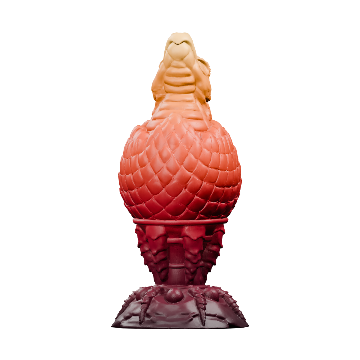 Huevo del Fuego · perfil lateral. Render del modelo original sin fondo, ejemplo de degradado burdeos, rojo, naranja y ámbar.