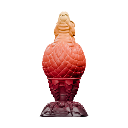 Huevo del Fuego · perfil lateral. Render del modelo original sin fondo, ejemplo de degradado burdeos, rojo, naranja y ámbar.