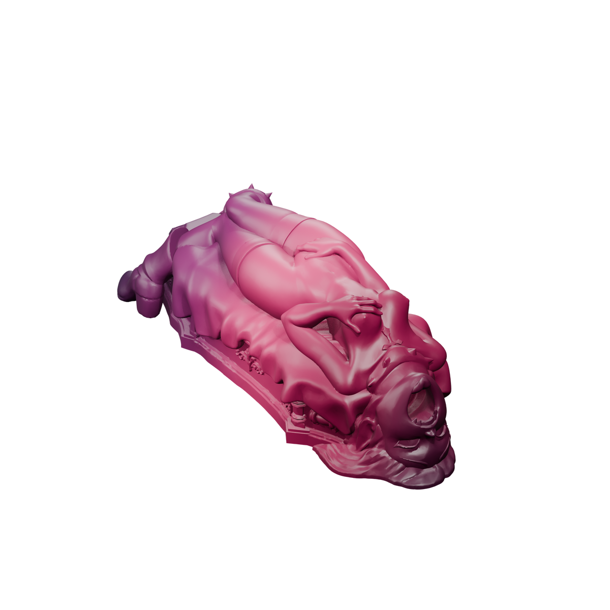 Lilith · vista de tres cuartos en posición horizontal; figura, ataúd y acceso por la boca visibles. Render ciruela y rubí, fondo transparente.