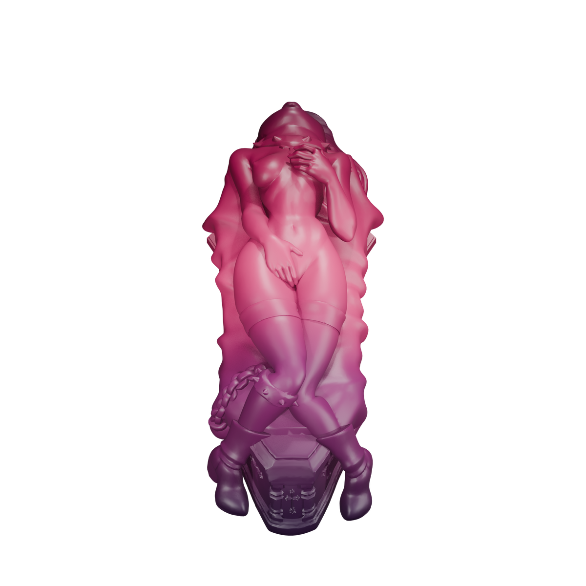 Lilith · vista superior de la figura sobre el ataúd. Render ciruela y rubí, fondo transparente.