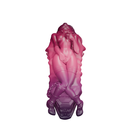 Lilith · vista superior de la figura sobre el ataúd. Render ciruela y rubí, fondo transparente.