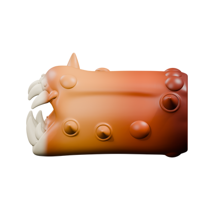 Pandemonio Mini · Vista lateral del cuerpo con púas y protuberancias · ámbar y marfil. Render del modelo.