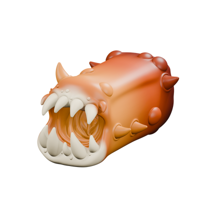 Pandemonio Mini, masturbador de fantasía con boca dentada, vista en ángulo en tonos ámbar y marfil. Render del modelo.