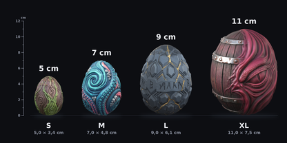Comparativa de tallas de los Huevos Kegel de fantasía ClimaxLab: S 5 cm, M 7 cm, L 9 cm, XL 11 cm (silicona platino)