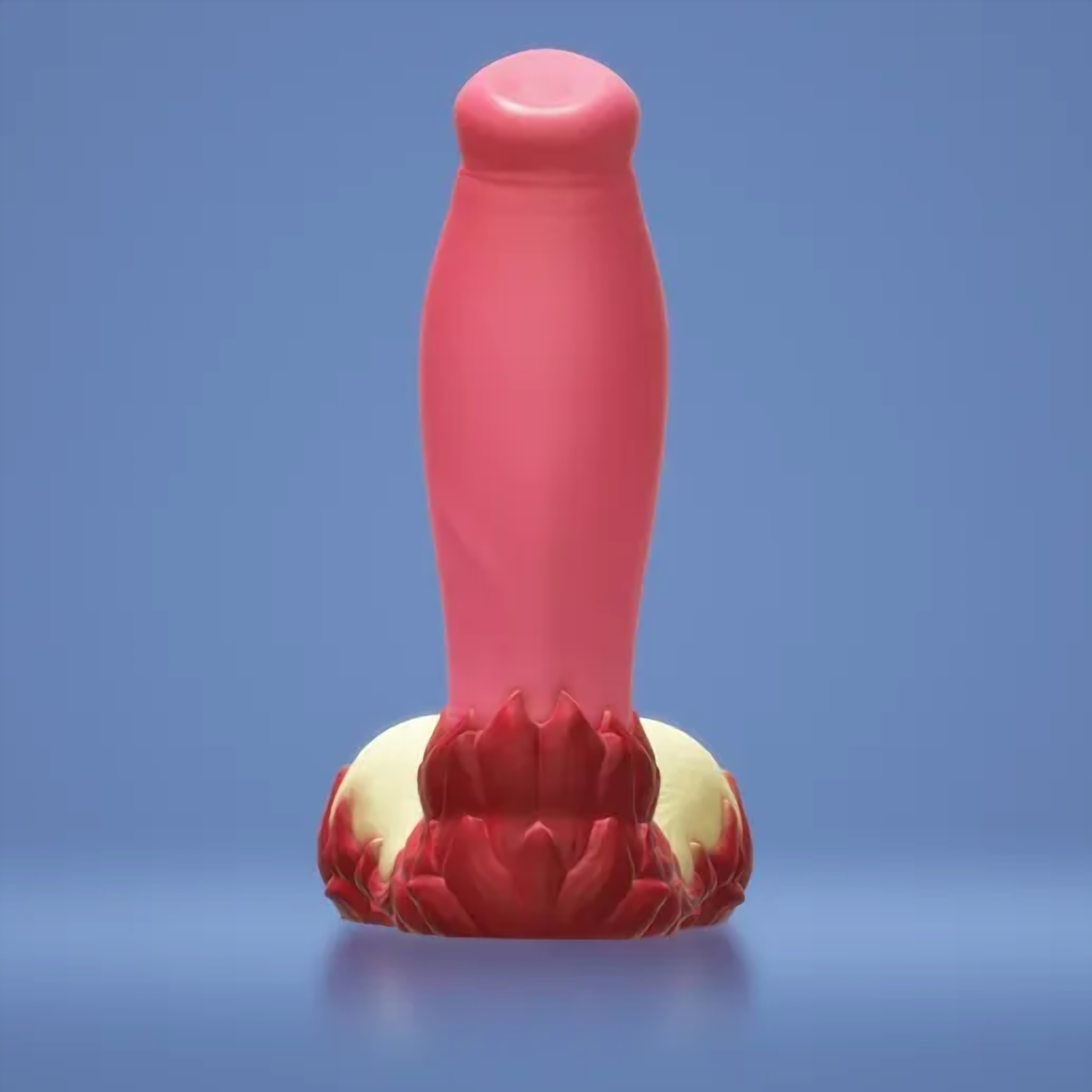 Eruptor fantasy monster dildo, front view — platinum silicone with organic flared base, by ClimaxLab.