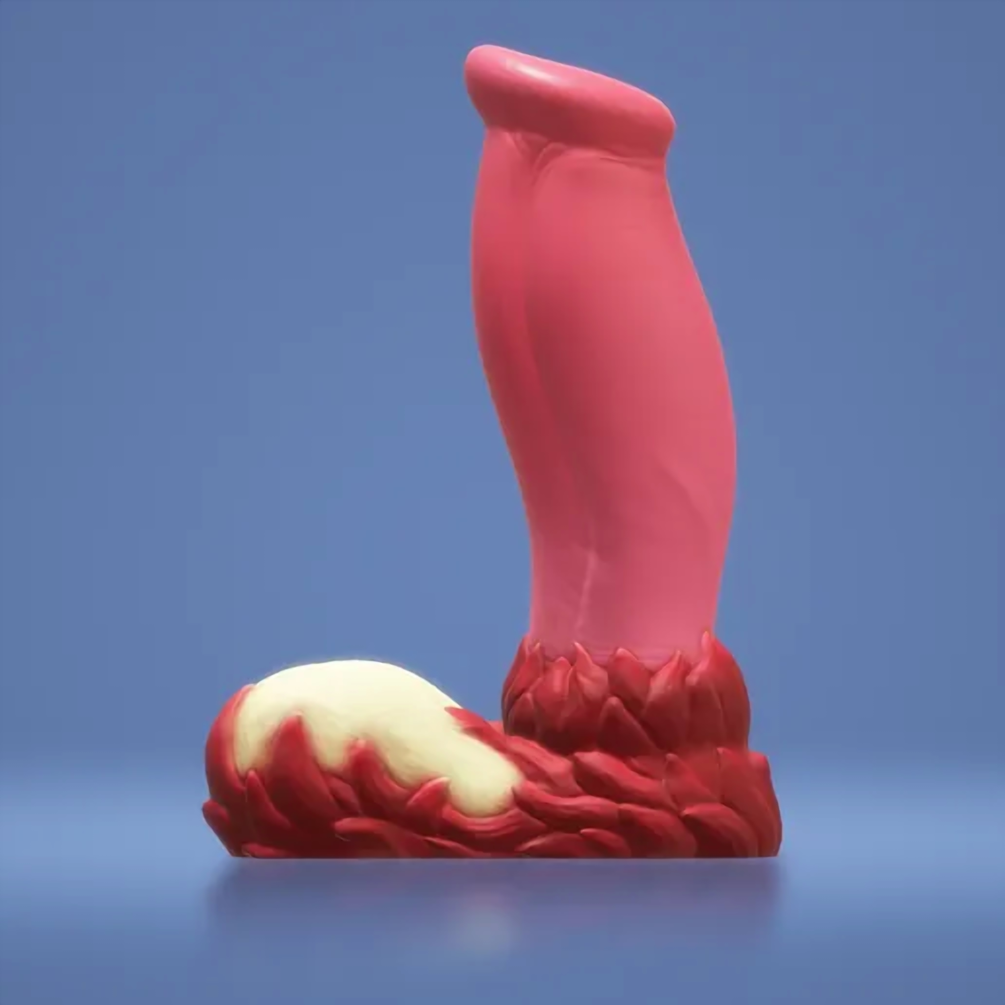 Eruptor fantasy canine dildo, side profile of the curved shaft — platinum silicone, made in Spain by ClimaxLab.